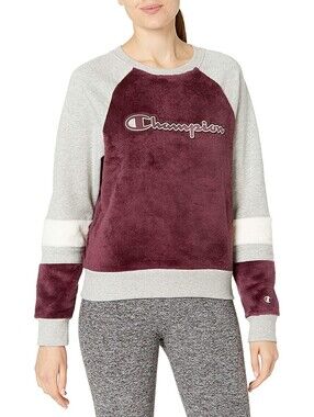 Champion Womens Super Fleece Faux Fur Colorblocked Metallic Logo Sweatshirt S